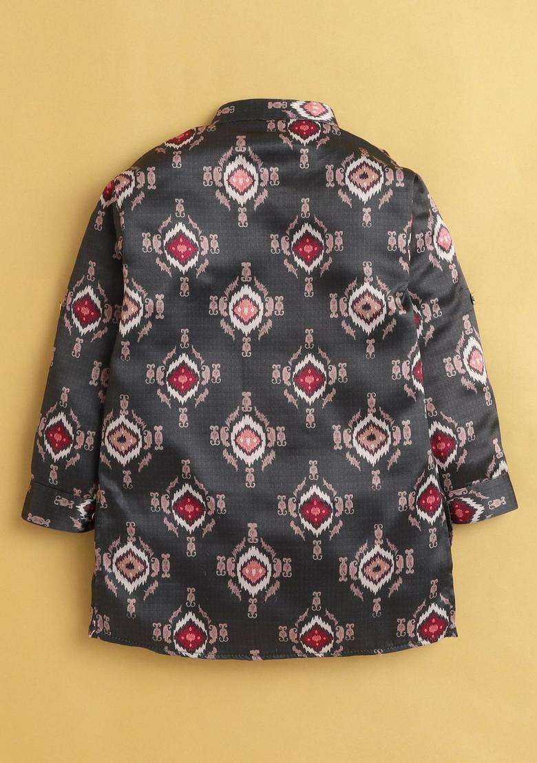 Grey Self Design Silk Kurta Set For Boys - Indya