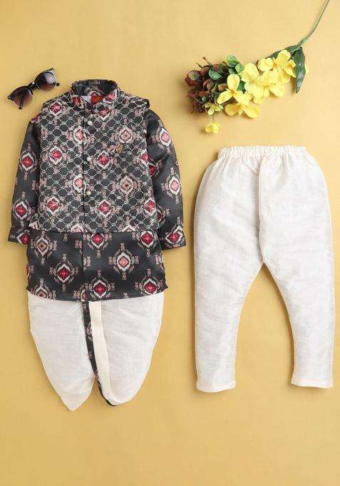 Grey Self Design Silk Kurta Set For Boys