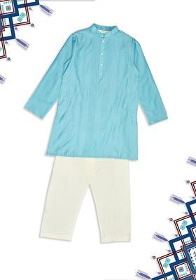 Turquoise Blue Solid Viscose Kurta Set For Boys