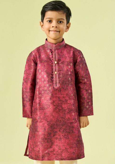 Maroon Woven Design Silk Kurta Set For Boys — view on Indya