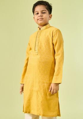 Yellow Self Design Silk Kurta Set For Boys