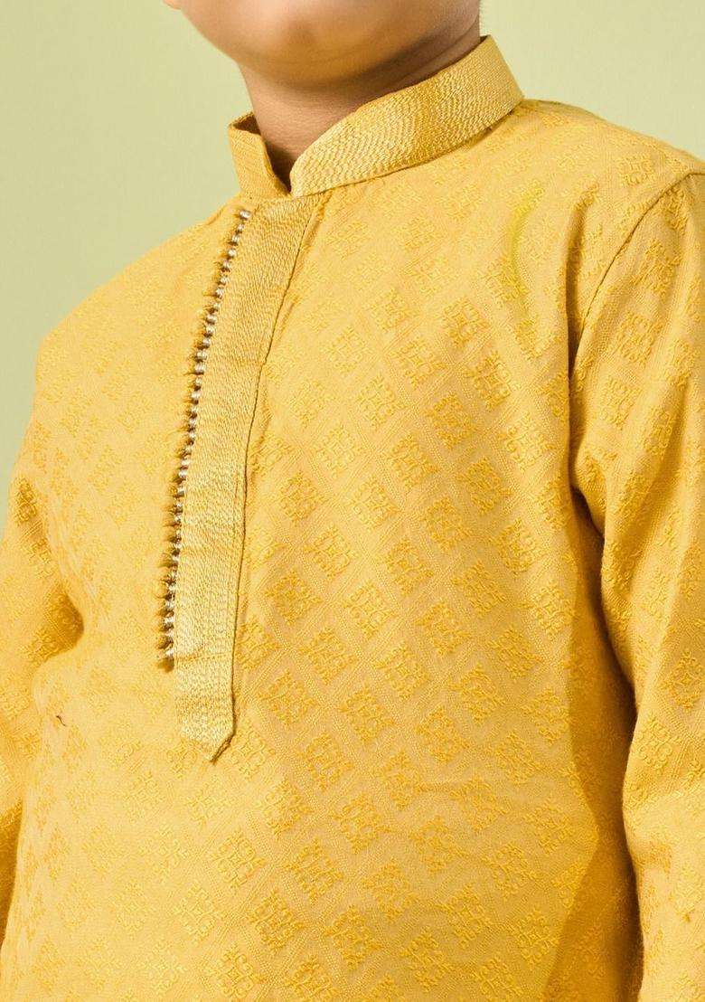 Yellow Self Design Silk Kurta Set For Boys - Indya