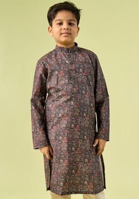 Navy Blue Printed Cotton Kurta Set For Boys