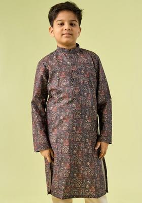 Navy Blue Printed Cotton Kurta Set For Boys