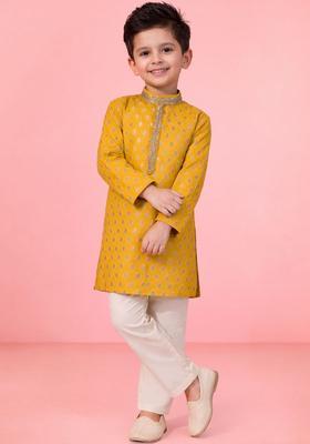 Yellow Woven Design Silk Kurta Set For Boys