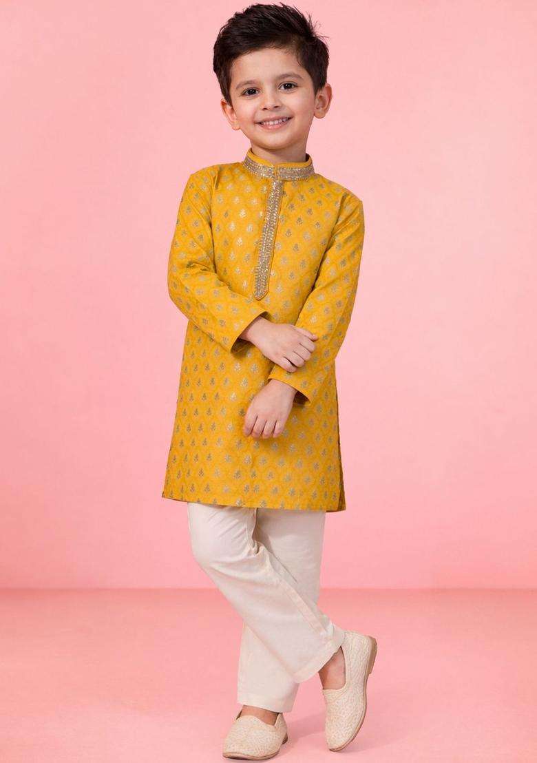 Yellow Woven Design Silk Kurta Set For Boys - Indya