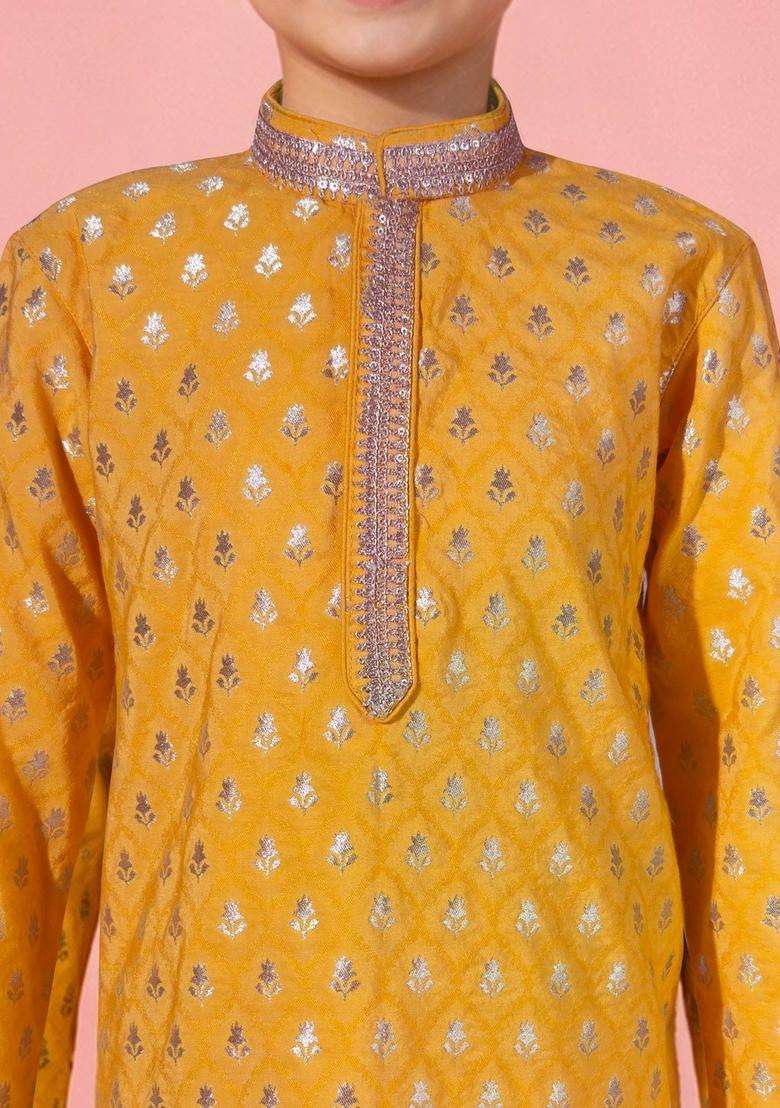 Yellow Woven Design Silk Kurta Set For Boys - Indya