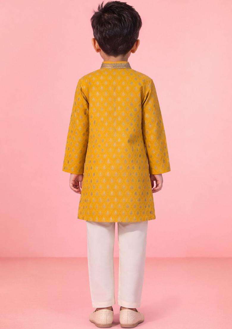 Yellow Woven Design Silk Kurta Set For Boys - Indya
