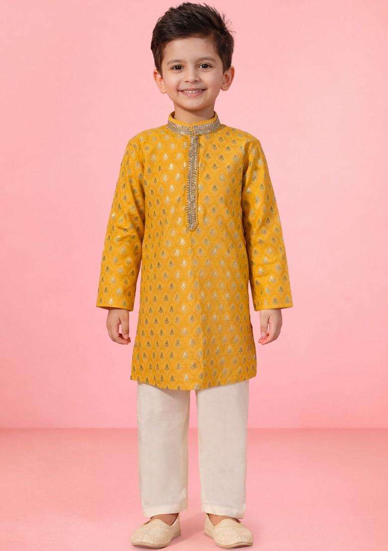 Yellow Woven Design Silk Kurta Set For Boys - Indya