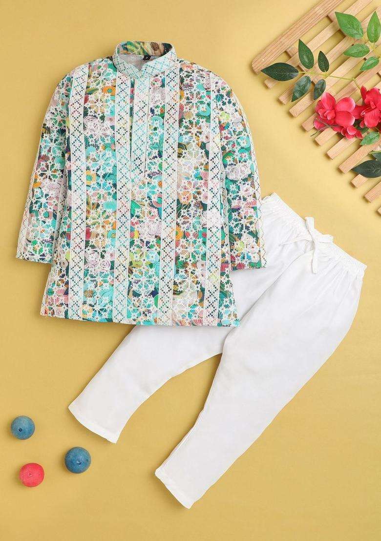 Multi Printed Cotton Kurta Set For Boys - Indya
