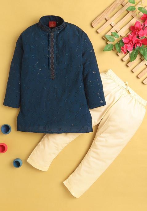 Navy Blue Embroidered Cotton Kurta Set For Boys — view on Indya