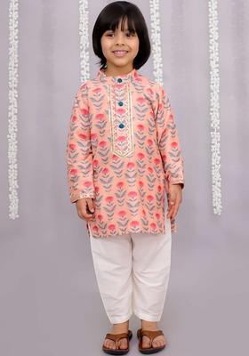 Peach Printed Cotton Kurta Set For Boys