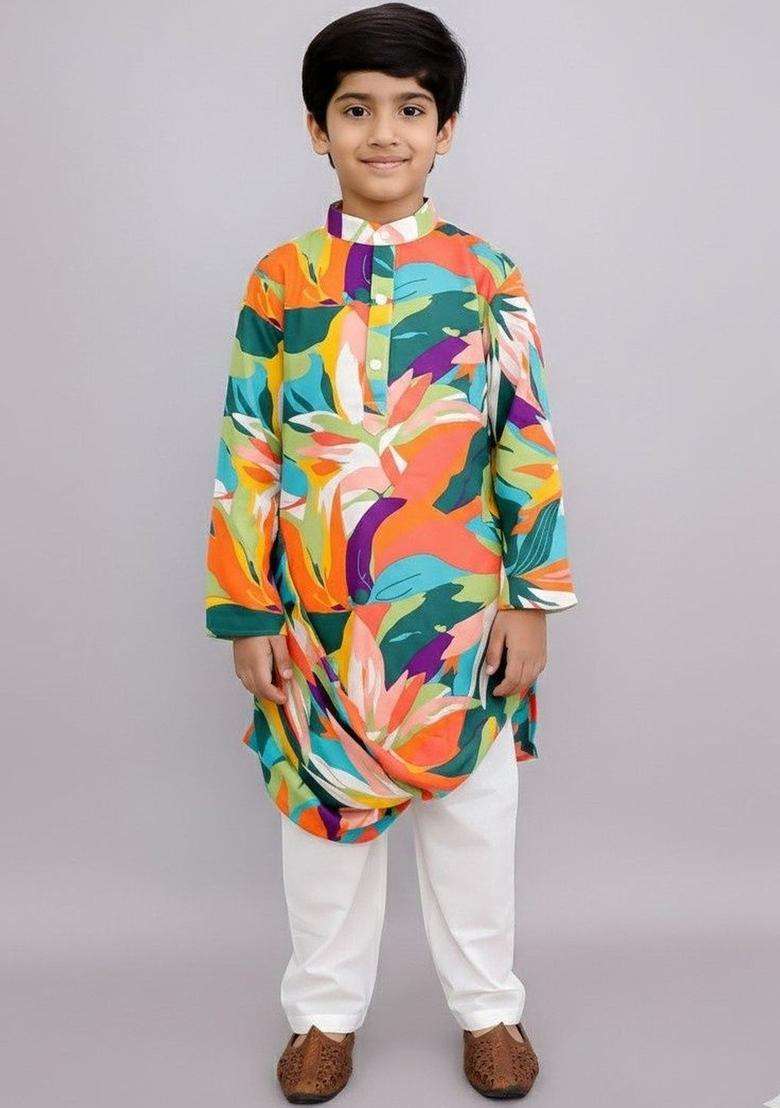 Multi Printed Silk Kurta Set For Boys - Indya