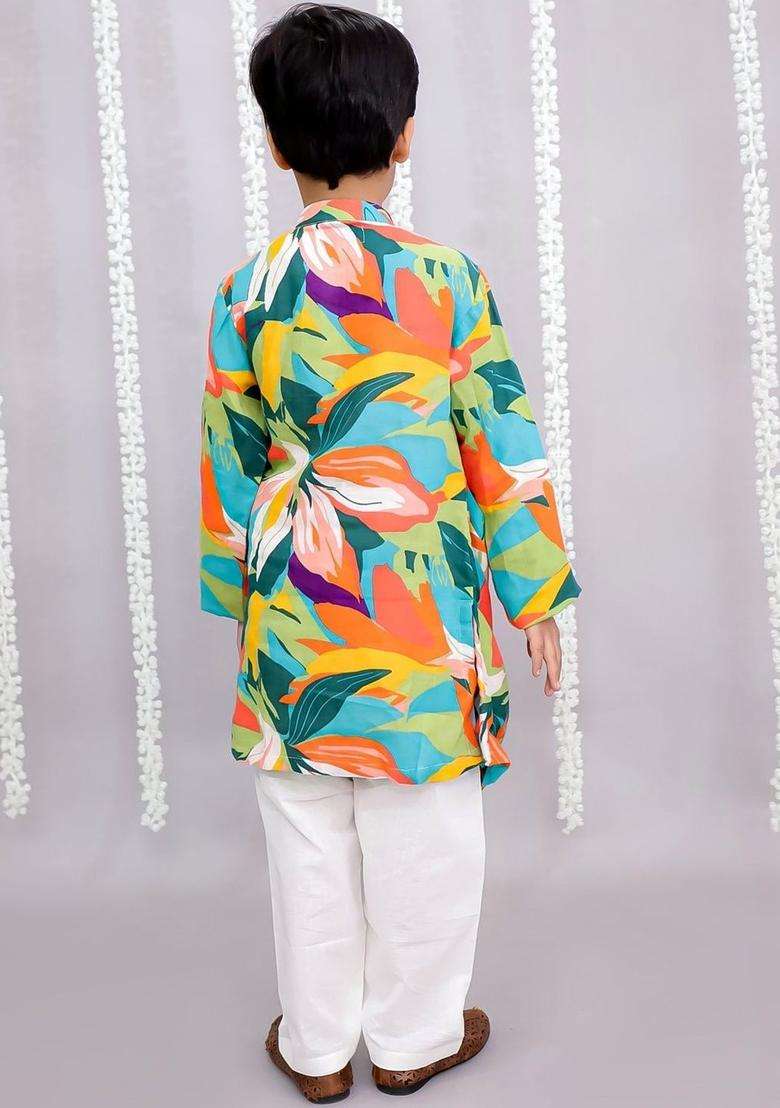 Multi Printed Silk Kurta Set For Boys - Indya