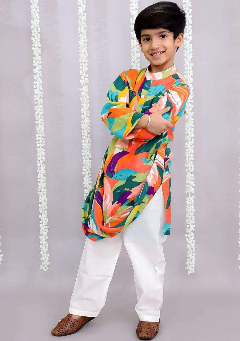 Multi Printed Silk Kurta Set For Boys - Indya