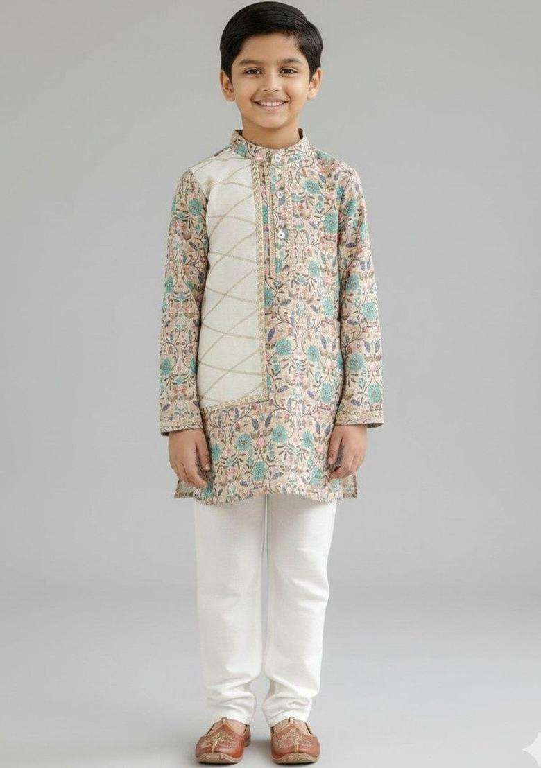 Beige Printed Silk Kurta Set For Boys - Indya