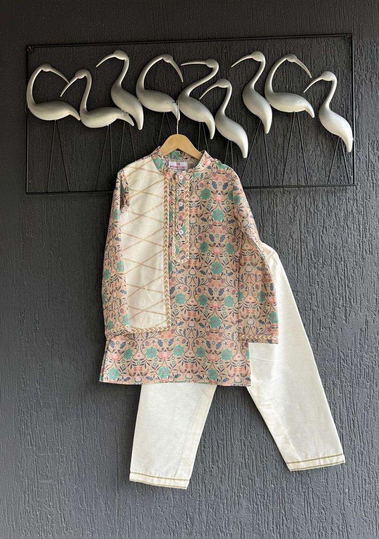 Beige Printed Silk Kurta Set For Boys - Indya