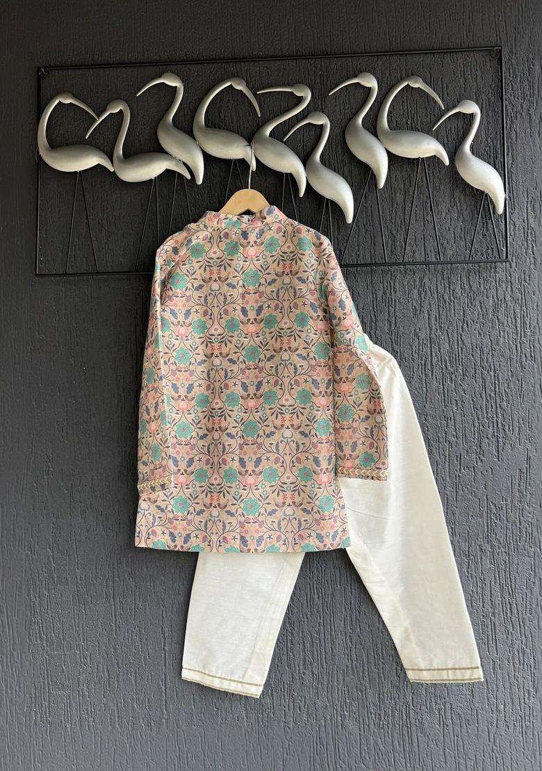 Beige Printed Silk Kurta Set For Boys - Indya