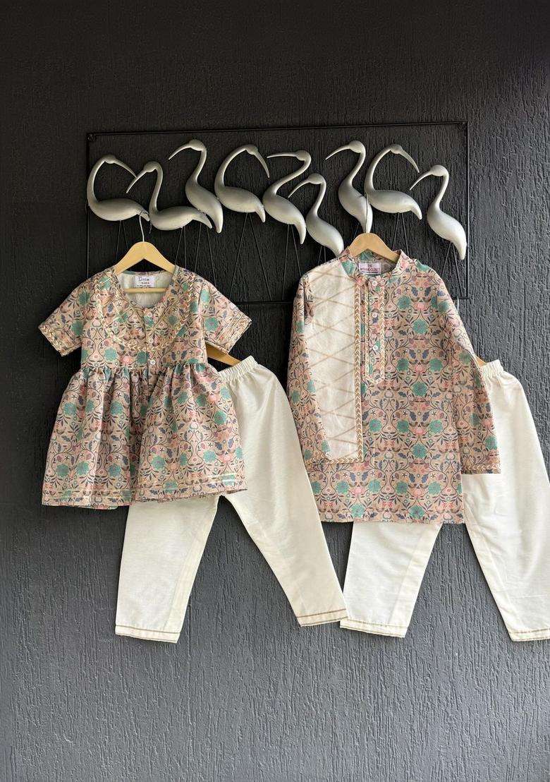 Beige Printed Silk Kurta Set For Boys - Indya
