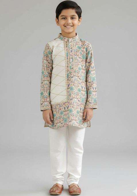Beige Printed Silk Kurta Set For Boys