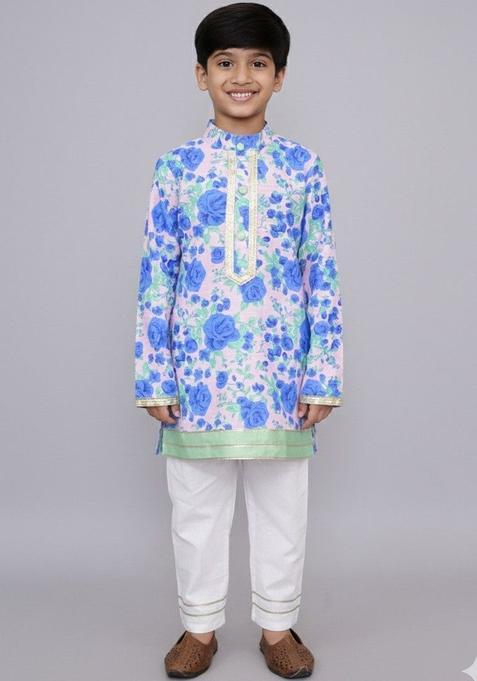 Pink Printed Cotton Kurta Set For Boys — view on Indya