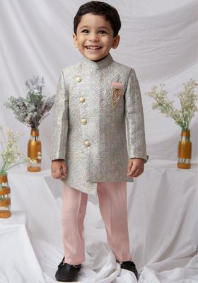 Grey Woven Design Cotton Kurta Set For Boys