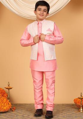 Pink Woven Design Silk Kurta Set For Boys