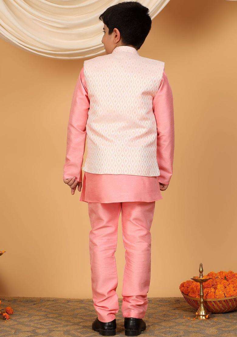 Pink Woven Design Silk Kurta Set For Boys - Indya