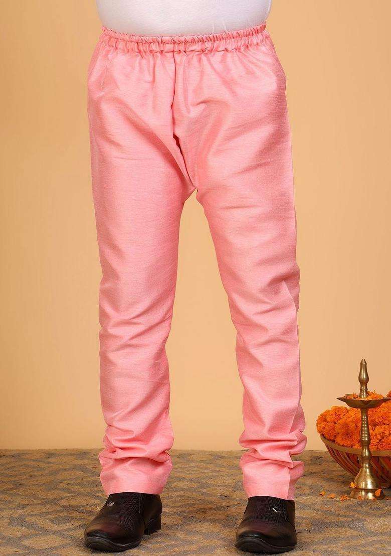 Pink Woven Design Silk Kurta Set For Boys - Indya