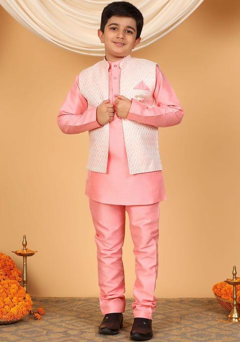 Pink Woven Design Silk Kurta Set For Boys — view on Indya