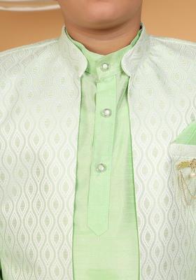 Green Woven Design Silk Kurta Set For Boys