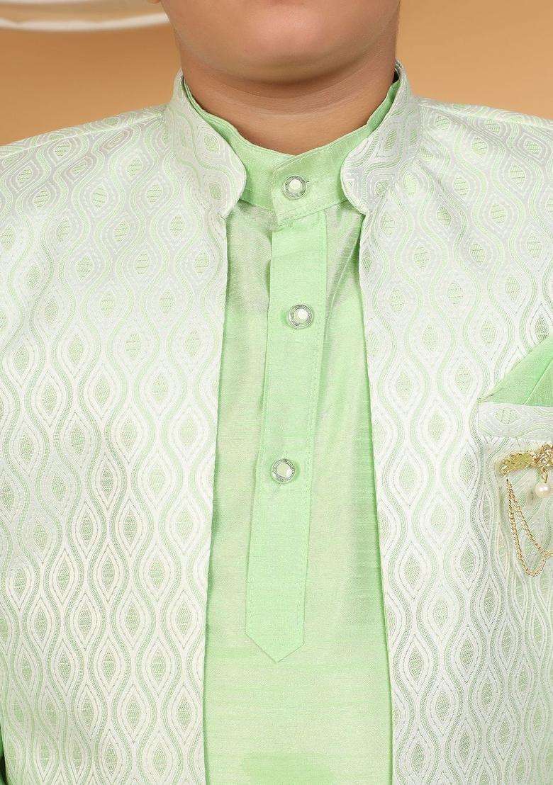 Green Woven Design Silk Kurta Set For Boys - Indya