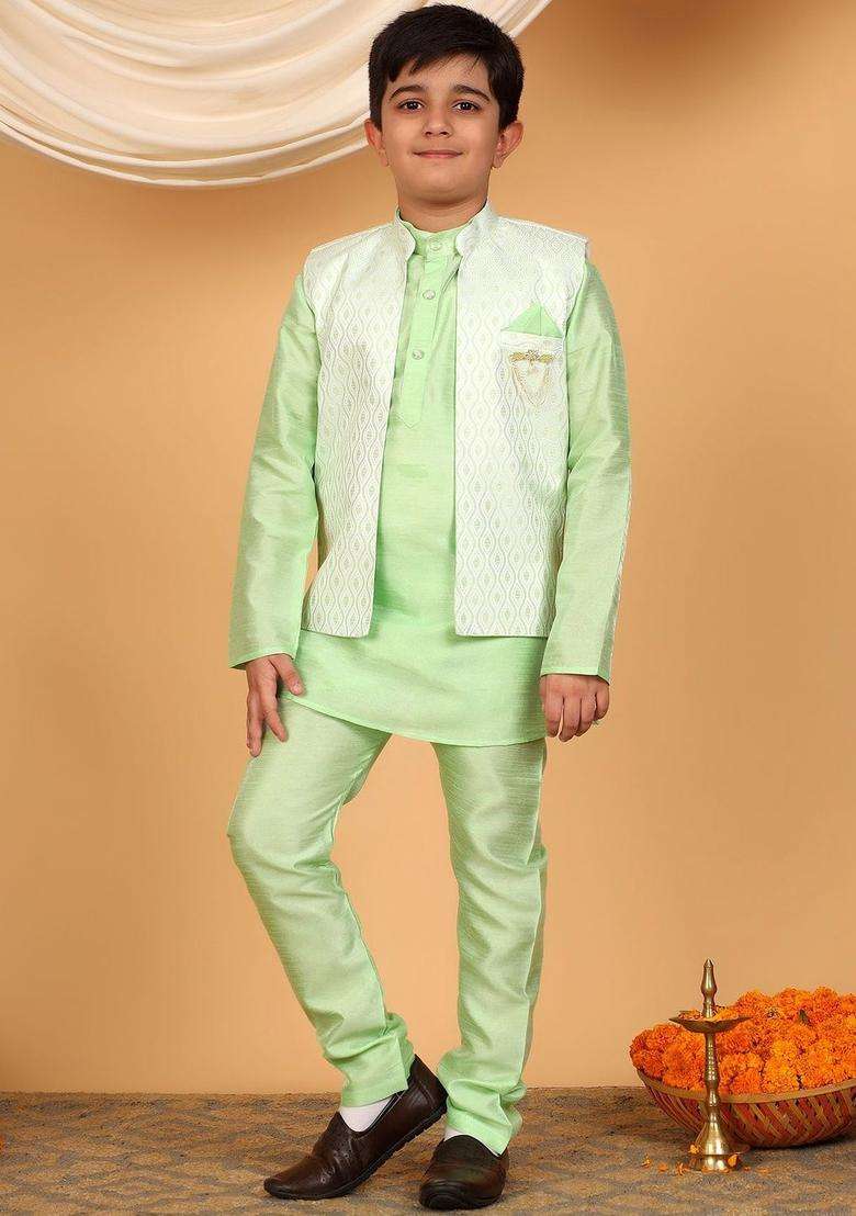 Green Woven Design Silk Kurta Set For Boys - Indya