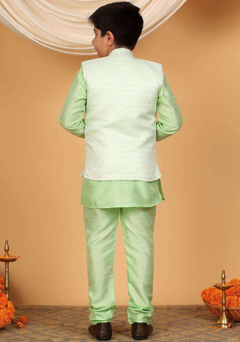 Green Woven Design Silk Kurta Set For Boys - Indya