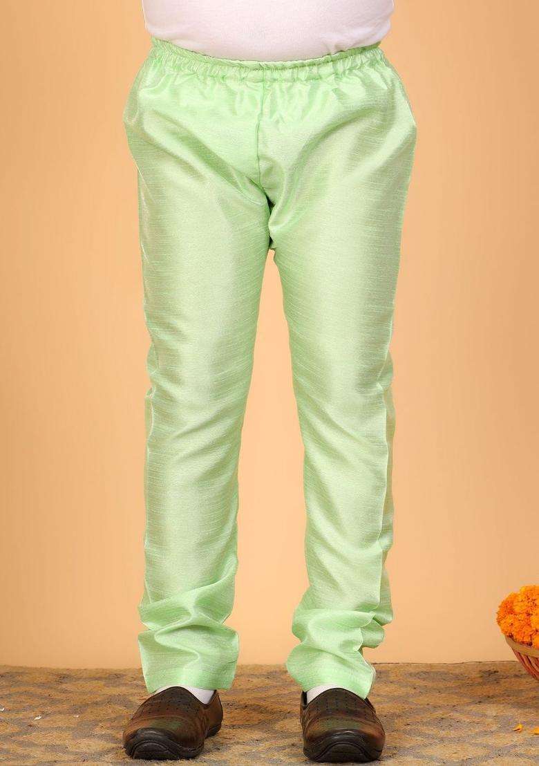 Green Woven Design Silk Kurta Set For Boys - Indya