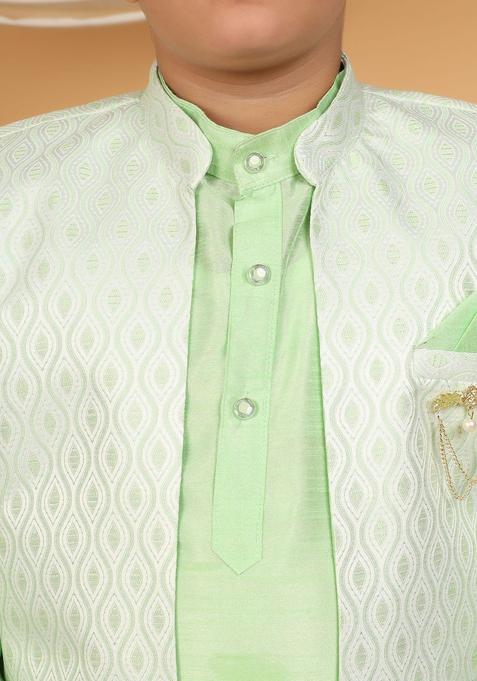 Green Woven Design Silk Kurta Set For Boys — view on Indya