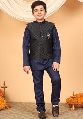 Navy Blue Woven Design Silk Kurta Set For Boys