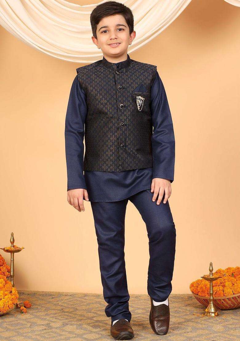 Navy Blue Woven Design Silk Kurta Set For Boys - Indya