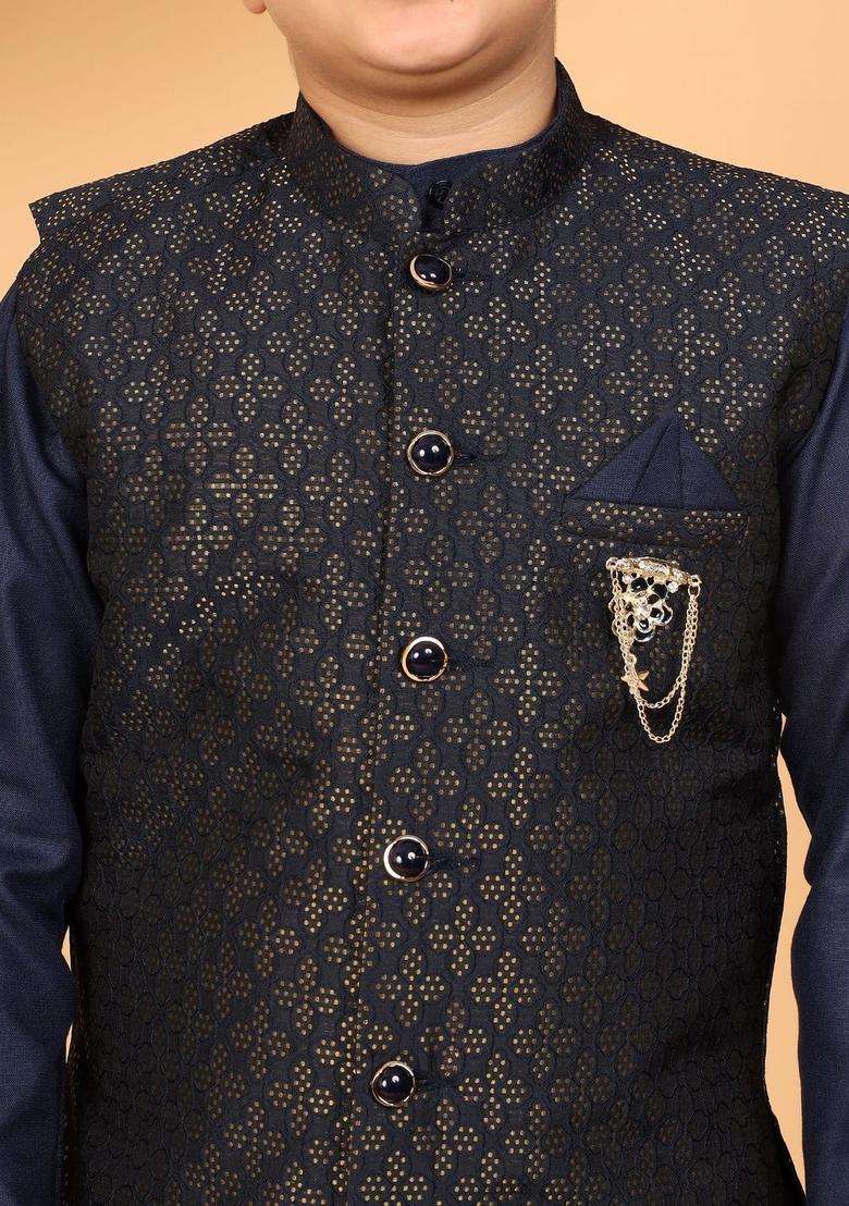 Navy Blue Woven Design Silk Kurta Set For Boys - Indya