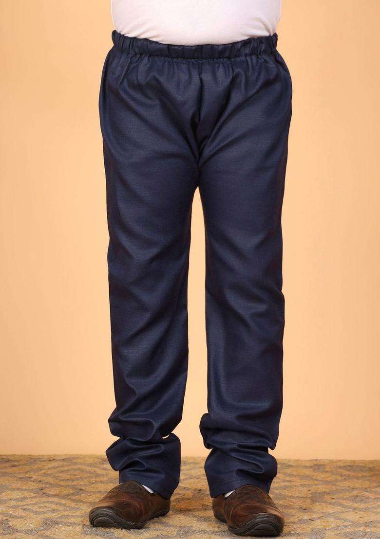 Navy Blue Woven Design Silk Kurta Set For Boys - Indya