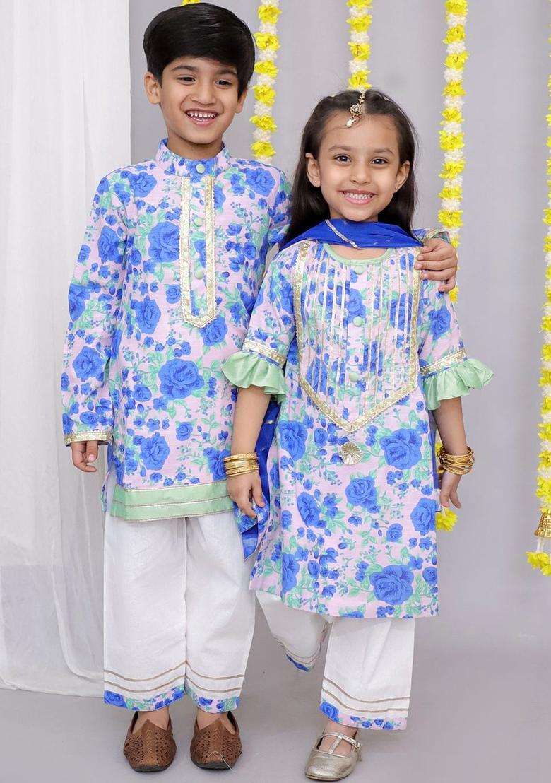 Multi Printed Cotton Kurta Set For Boys - Indya