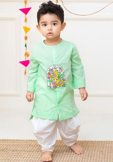 Lime Green Printed Cotton Kurta Set For Boys — view on Indya