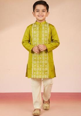 Lime Green Embroidered Satin Kurta Set For Boys
