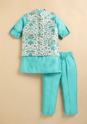 Turquoise Blue Solid Silk Kurta Set For Boys