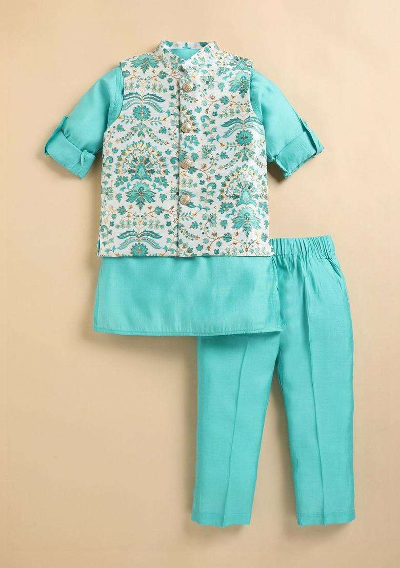 Turquoise Blue Solid Silk Kurta Set For Boys - Indya
