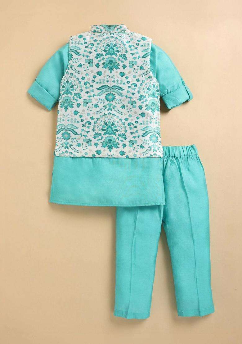 Turquoise Blue Solid Silk Kurta Set For Boys - Indya