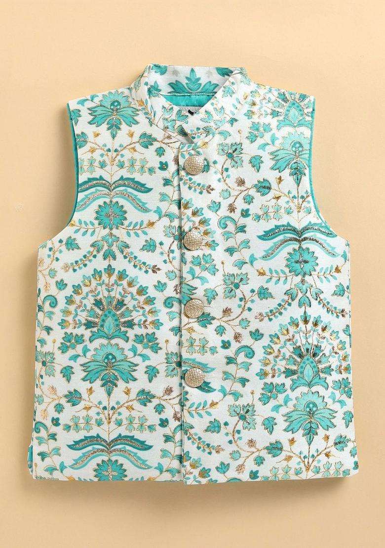 Turquoise Blue Solid Silk Kurta Set For Boys - Indya