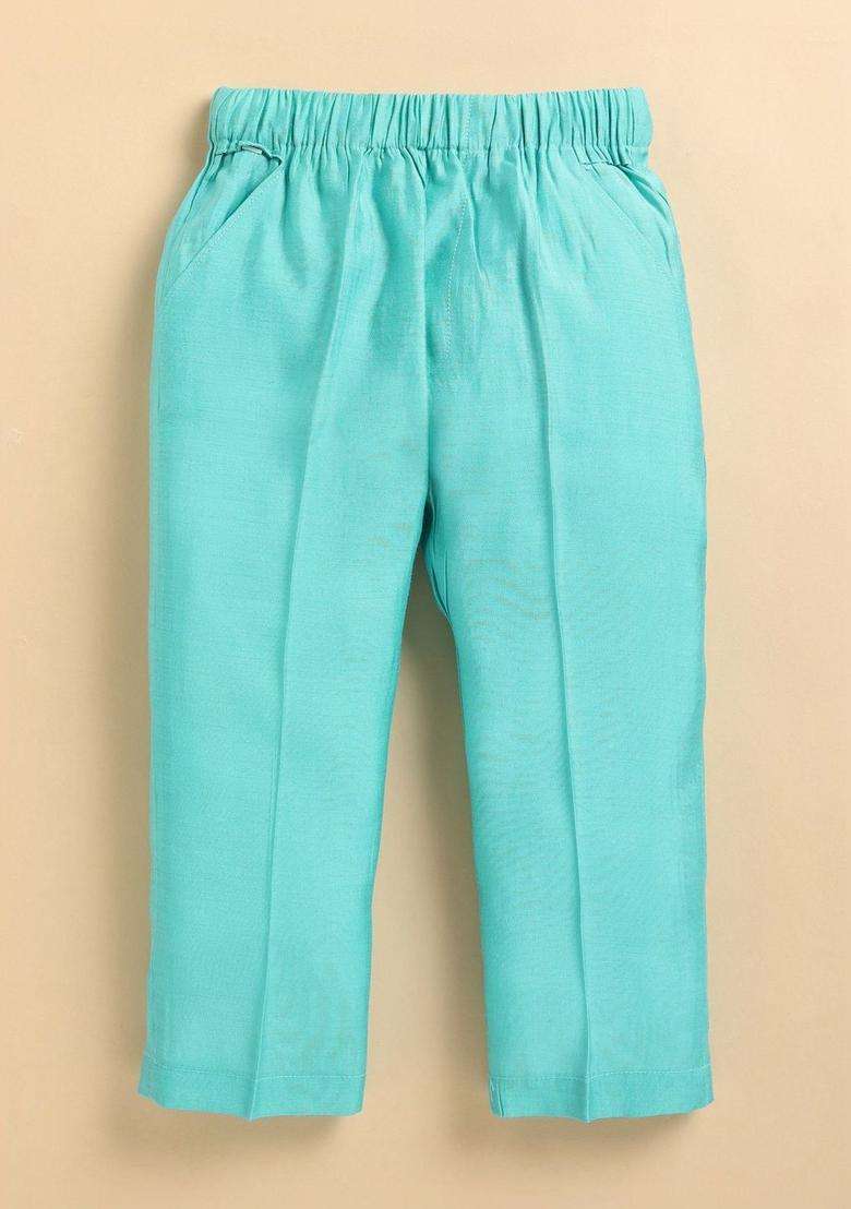 Turquoise Blue Solid Silk Kurta Set For Boys - Indya