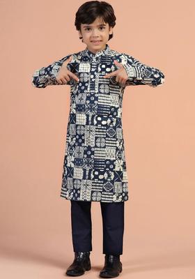 Navy Blue Printed Cotton Kurta Set For Boys
