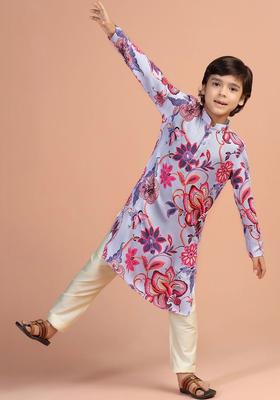 Lavender Printed Cotton Kurta Set For Boys